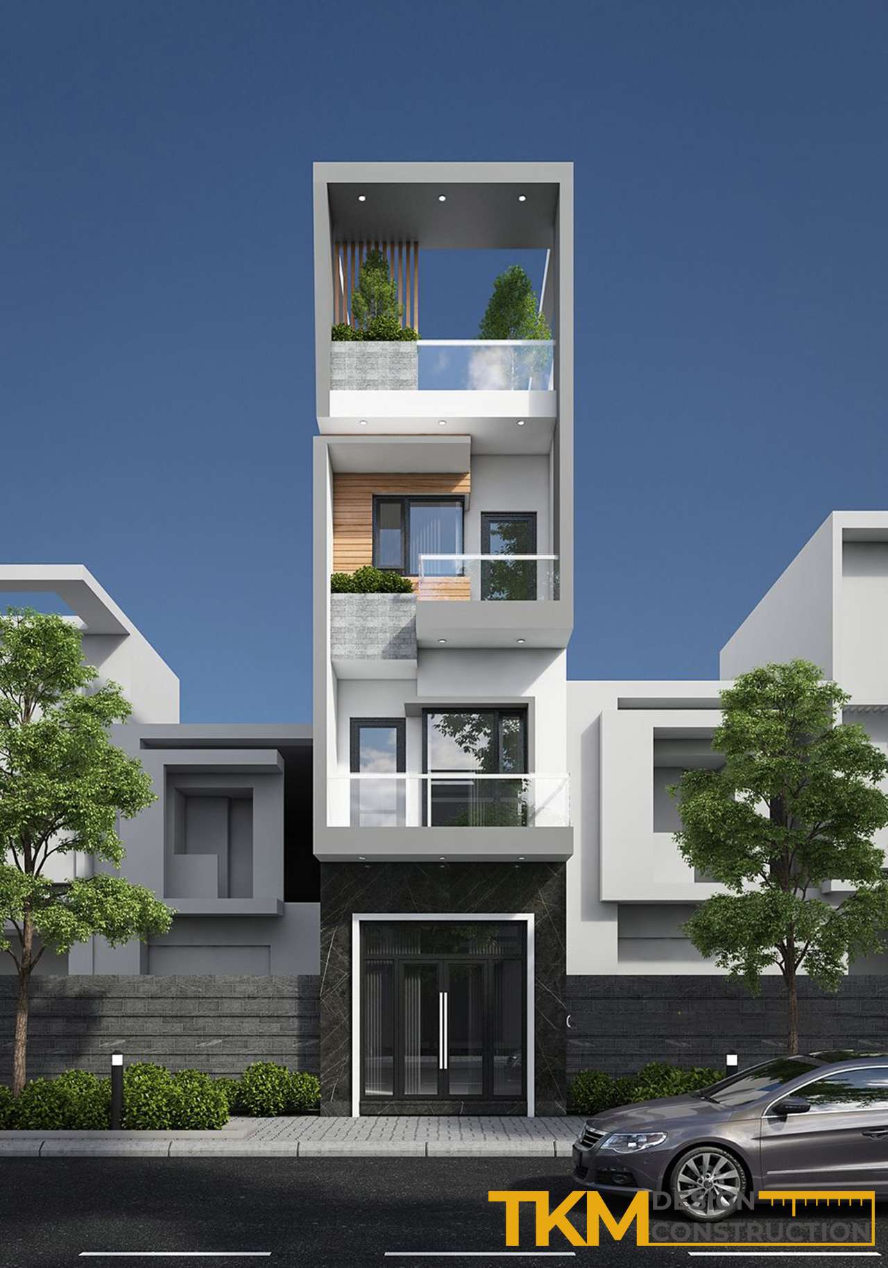 Mẫu thiết kế nhà ống 4 tầng phong cách hiện đại, mặt tiền kính