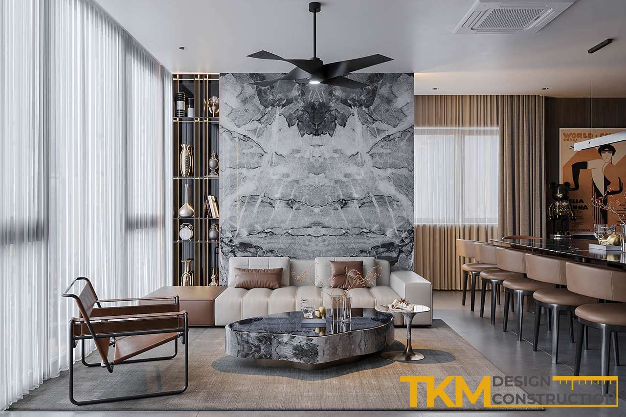 Mẫu thiết kế nội thất nhà phố hiện đại - phòng khách liền bếp