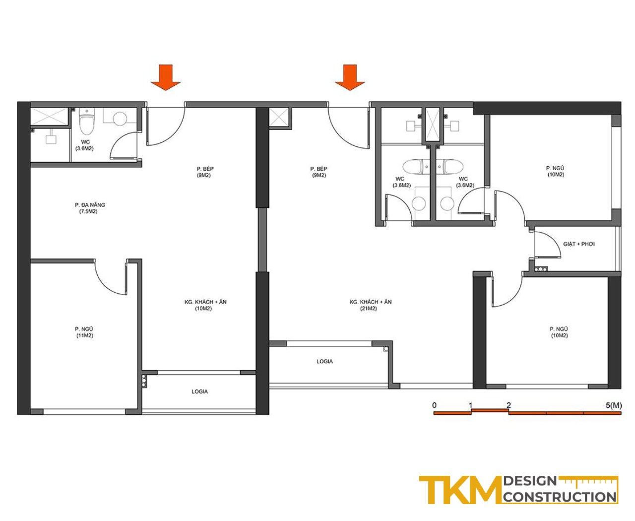 Sơ đồ phân chia không gian chung-riêng trong một mẫu thiết kế nhà nhiều thế hệ Hà Nội